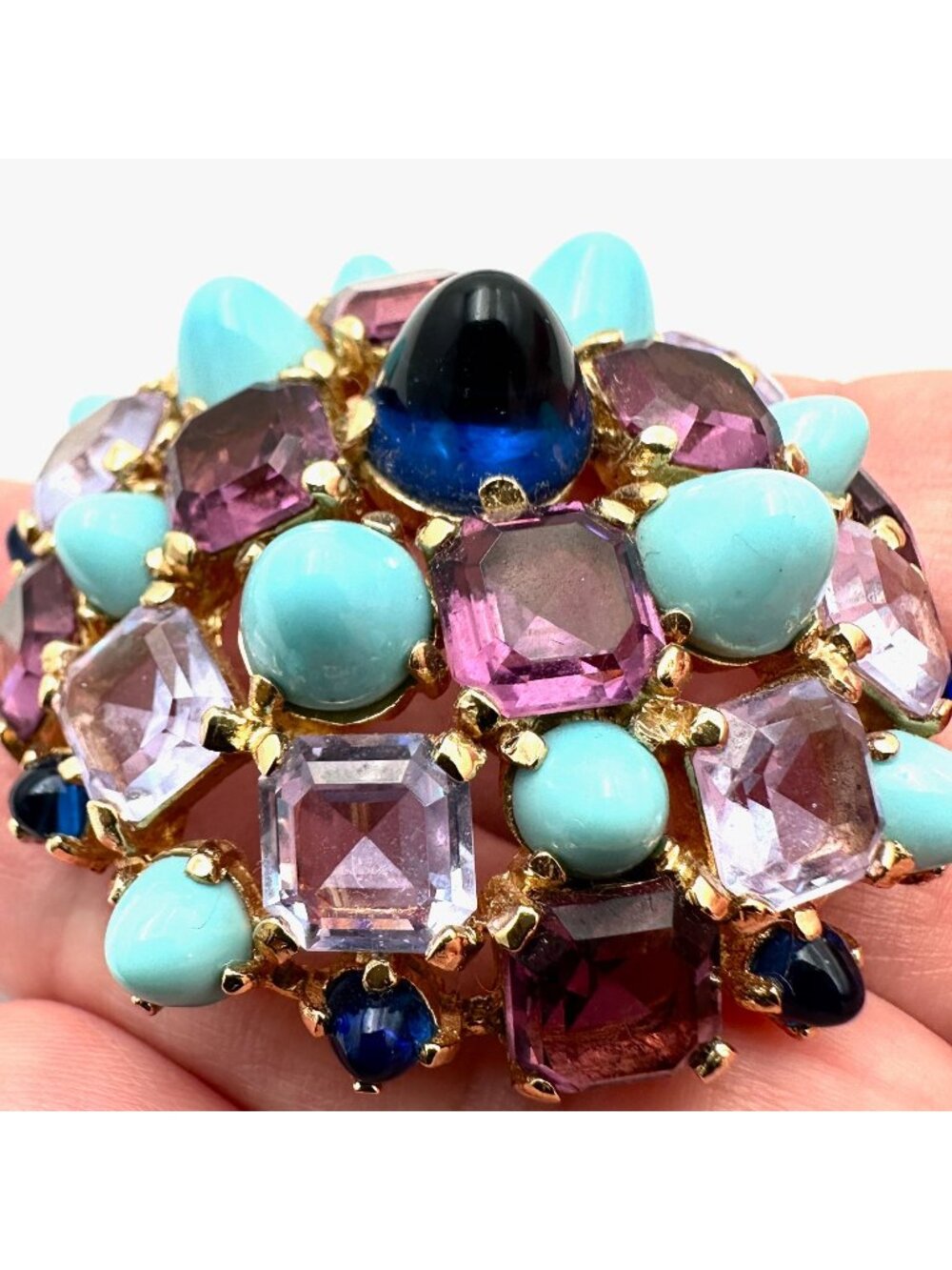 Vintage Marcel Boucher Purple Turquoise Blue Bullet Glass Gold Tone Brooch Pin